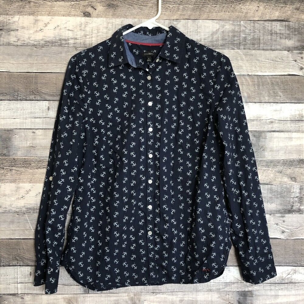 Talbots Womens Size 6 Shirt Career Top Button Down Dark Blue White Anchors